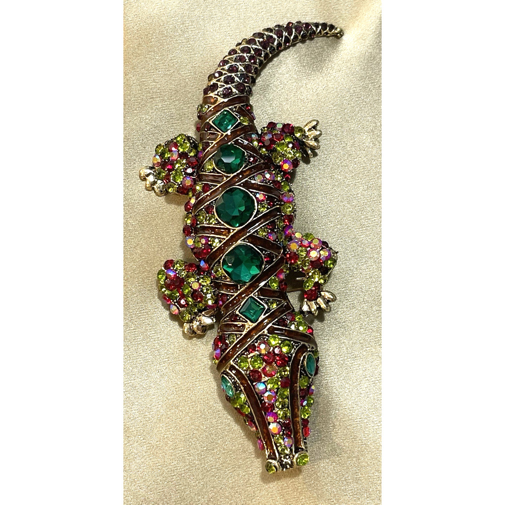 NWOT HUGE Alligator Brooch Pin Gold Tone Rhinestone Unisex Lapel Shoulder Jacket - Picture 2 of 4